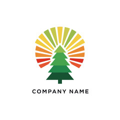 Stylized Evergreen Tree with Radiant Sunburst Logo.