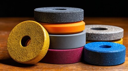 Colored abrasive grinding wheels stacked on a wooden surface in a studio with black background
