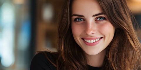 Obraz premium Woman with long brown hair and blue eyes is smiling