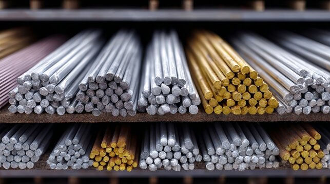 Stacked metal rods of various colors and sizes organized in a warehouse for industrial use