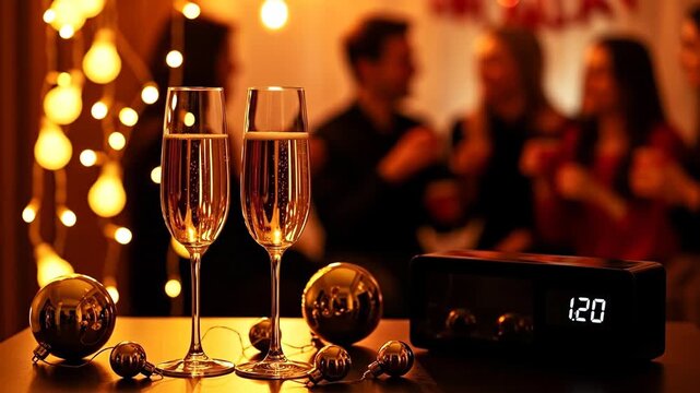 A festive celebration scene with champagne glasses and decorations, creating a warm atmosphere. Perfect for capturing moments of joy and togetherness during special occasions.