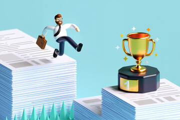 A businessman leaps across a deep chasm filled with sharp objects below, aiming for a golden trophy on the other side. A daring jump over danger in pursuit of victory