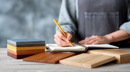Person writing in a notebook with different wooden samples nearby on a wooden table surface
