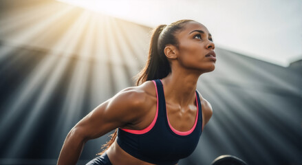 Athletic woman showing muscular strength during a fitness workout. Determined female athlete with a focused expression. Power and motivation concept