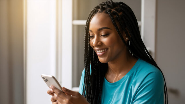 Smiling Black woman using a smartphone at home. Happy young female with box braids texting on her mobile phone. Social media and digital communication concept