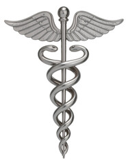 Silver caduceus medical symbol isolated on white background