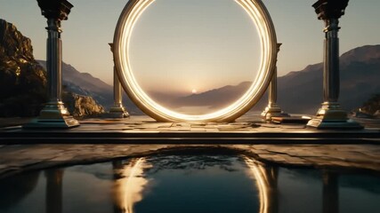Ethereal golden glowing portal gate with ancient columns reflecting in calm water, set in a mystical mountain landscape at sunset. - Powered by Adobe