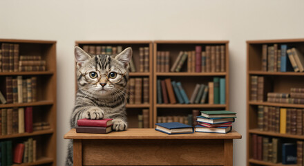An intelligent tabby cat wearing glasses sits at a desk in a library full of books. A cute and funny kitten acting as a student or scholar. Education and learning concept