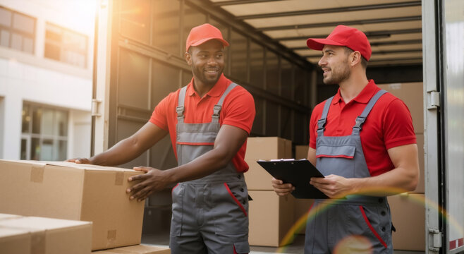Diverse movers working as a team loading boxes into a delivery truck. Professional relocation service with workers in uniform. Logistics and transport concept