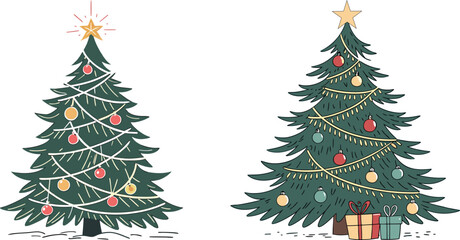 Christmas tree vector art illustration and green,yellow,red, on white background.