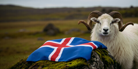 Icelandic ram with the national flag in a rugged landscape, symbolizing Iceland's strength. Banner with copy space for text.