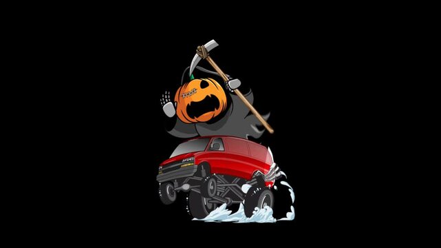 Animation Happy Halloween, Cute Grim Reaper with red Van (transparant background, mov file 4k)