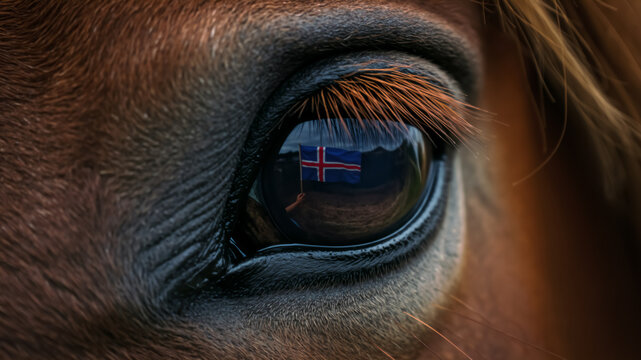 Close-up of an Icelandic horse's eye reflecting the national flag. A symbol of Icelandic spirit.