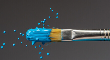 Dynamic blue paint splashes artistically drip from a clean paintbrush creating vibrant motion and creative inspiration