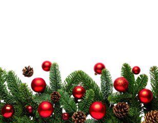 Festive garland of evergreen boughs with red baubles and pinecones, set against a black backdrop