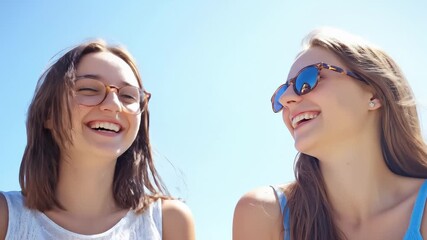 Two Young Women Laughing Together, Viewed From Low Angle Under Bright Blue Sky