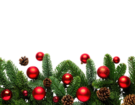 Festive garland of evergreen boughs with red baubles and pinecones, set against a black backdrop