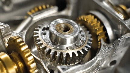 Obraz premium clockwork. A close-up of a complex mechanical gear mechanism with a central gear jammed. event key visuals, club posters, designed for sports event promotions and stadium branding.