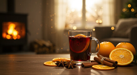 A closeup shot of a glass of mulled wine with oranges and spices on a wooden table.