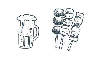 Japanese food clipart – Beer, Yakitori skewers, Cute hand-drawn crayon illustration, for menu design, transparent PNG