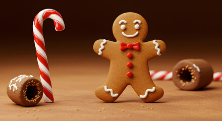 Christmas gingerbread man candy cane and chocolate treats.