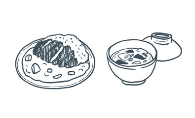 Japanese food clipart – Curry, rice Miso soup, Cute hand-drawn crayon illustration, for cookbook illustration, transparent PNG
