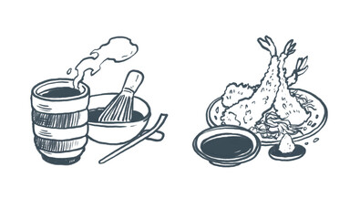 Japanese food clipart – Green tea, Shrimp Tempura, pencil sketch style, for cookbook illustration, transparent PNG