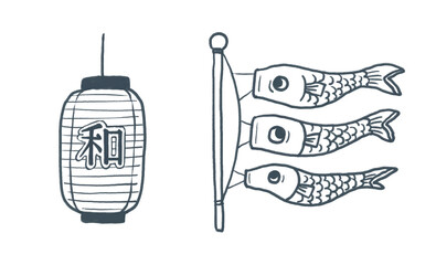 Japanese decoration clipart – lantern, carp flags, Cute hand-drawn crayon illustration, for presentation slide, transparent PNG