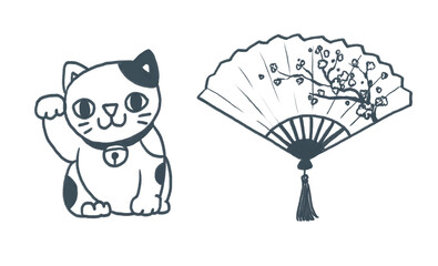 Japanese decoration clipart – Lucky cat, Traditional Fan, Cute hand-drawn crayon illustration, for menu design, transparent PNG