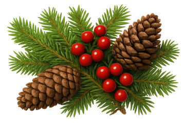 Christmas winter holiday decoration with green pine branches, brown pine cones, and red berries on transparent background