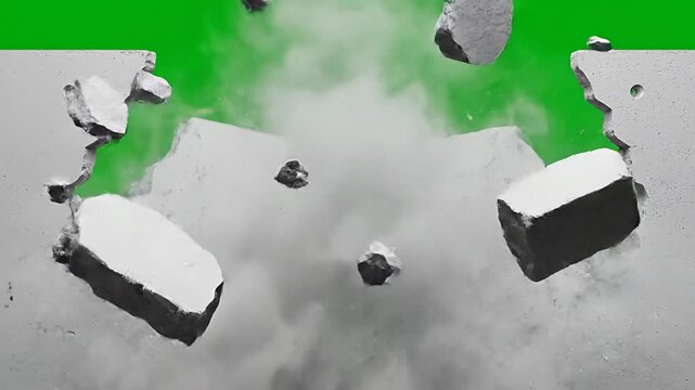 Dynamic concrete wall explosion reveal with smoke green screen