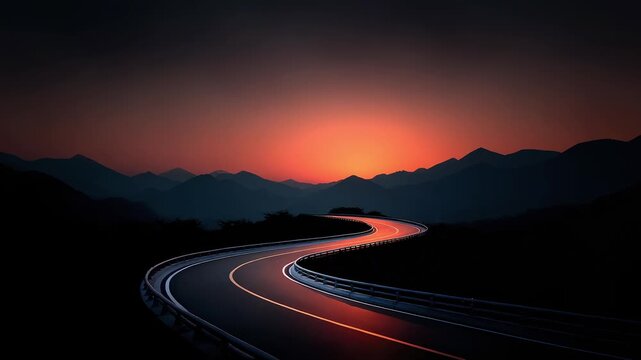 Winding mountain road at sunset symbolizing endless roads