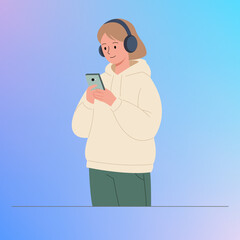 Minimalist Vector Illustration Of Student In Headphone Studying Online With Smartphone. Mobile Learning, Distance Education