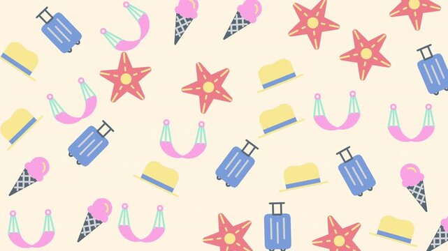 Pattern of Ice Cream, Starfish, Horseshoe Magnets, Suitcases, and Tools on Light Background, Decorative Graphic Design, Flat View