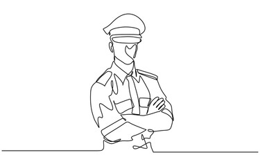 Single continuous line drawing of young police man on uniform. Minimalism concept one line draw graphic design vector illustration