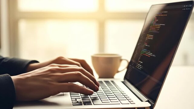 A focused individual types code on a laptop, with a coffee cup nearby. The warm sunlight filters through a window, creating a productive atmosphere for software development.