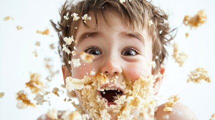 Naklejka premium A young boy with messy brown hair is covered in frosting and popcorn, his face lit up with joy and excitement. 