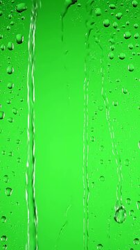 VFX Weather Element with rain drops falling down on glass chroma key green screen background water droplets window distortion, overlay, glitch, static noise, scan lines black background, 4k animated