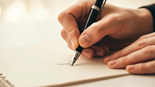 A focused individual writing notes with a pen on blank paper, showcasing the process of creativity and productivity in a professional environment.