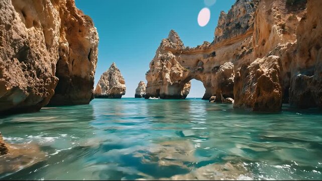 A woman is kayaking in clear blue waters, surrounded by stunning rock formations rising from the sea. The woman expertly maneuvers her kayak through the serene landscape under brig
