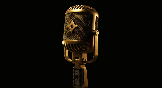 Golden vintage microphone retro mic studio microphone vocal microphone recording microphone audio equipment on black background