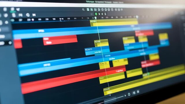 Dynamic video editing timeline displays complex project workflow with colorful tracks and playback controls in action