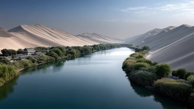 Tranquil Scenery of Oasis Lake on Desert Highway