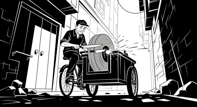 Knife Sharpener at Work - A Detailed Illustration of a Craftsman on a Tricycle.
