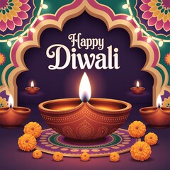 Naklejka premium Happy Diwali Greeting with Glowing Clay Diya Lamps, Marigold Flowers and Traditional Indian Arch