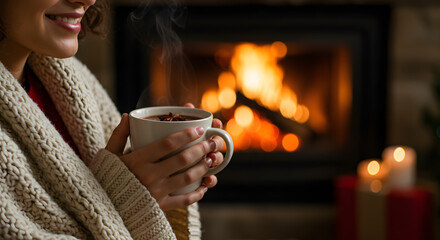 Smiling person holding a hot beverage wrapped in a comfortable blanket.