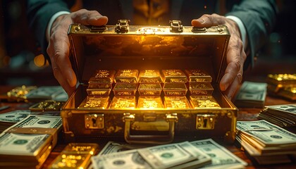 Businessman opening briefcase full of gold bars and cash