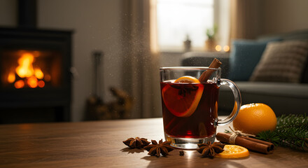 Cozy Mulled Wine with Orange and Spices on a Wooden Table.