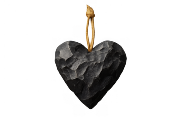 Heart shaped wooden ornament, black carved rustic texture, hanging, love and romance concept, transparent background