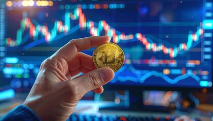 Hand holding bitcoin coin with cryptocurrency trading chart on screen